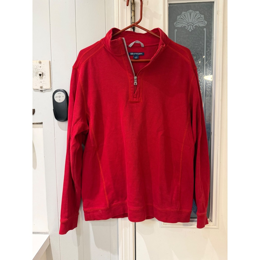 Cutter & Buck Mens Red 100% Cotton Ribbed Quarter Zip Pullover Sweater Large